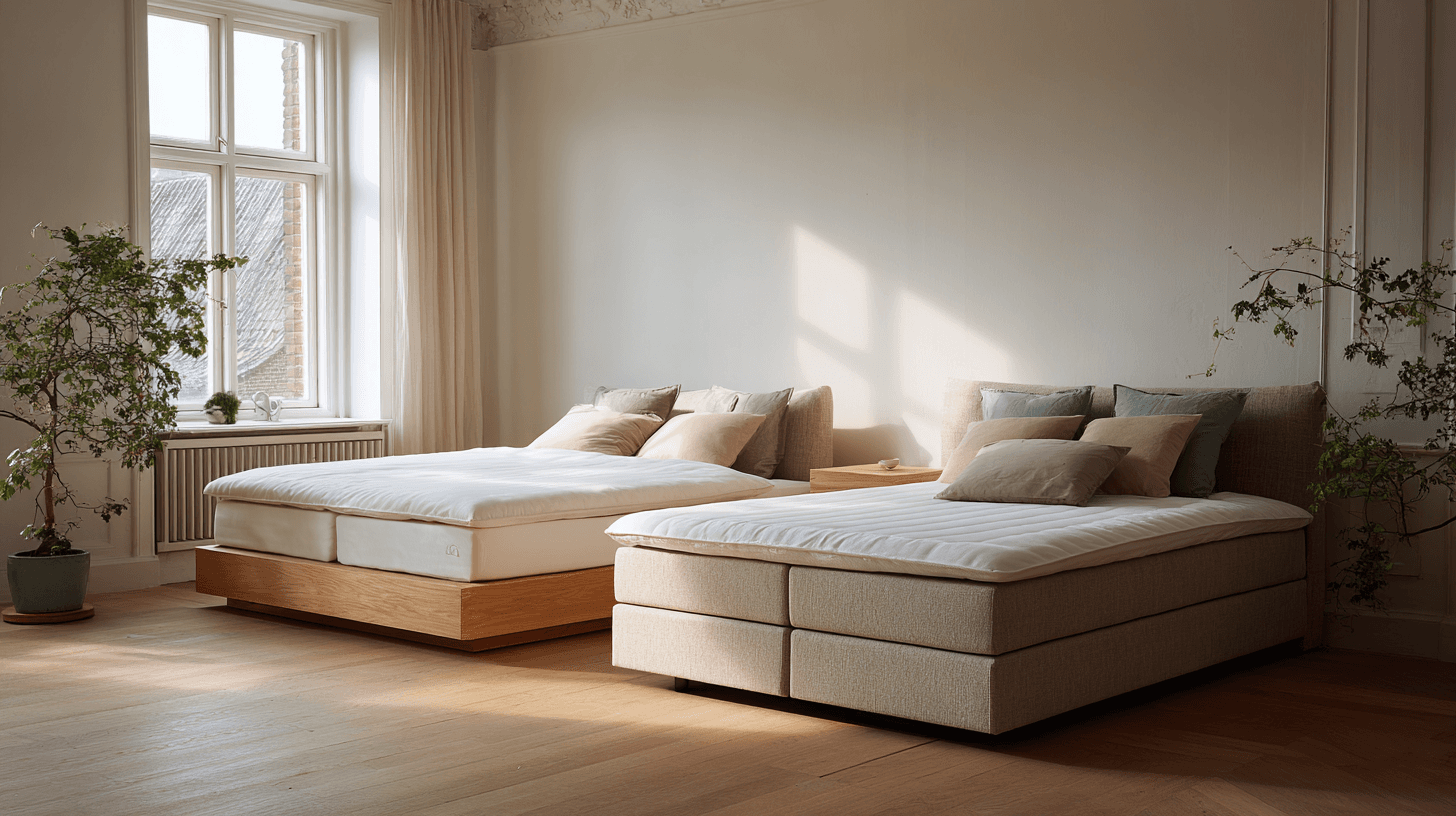 Boxspringbett und klassisches Bett mit Lattenrost nebeneinander im Schlafnerds-Showroom