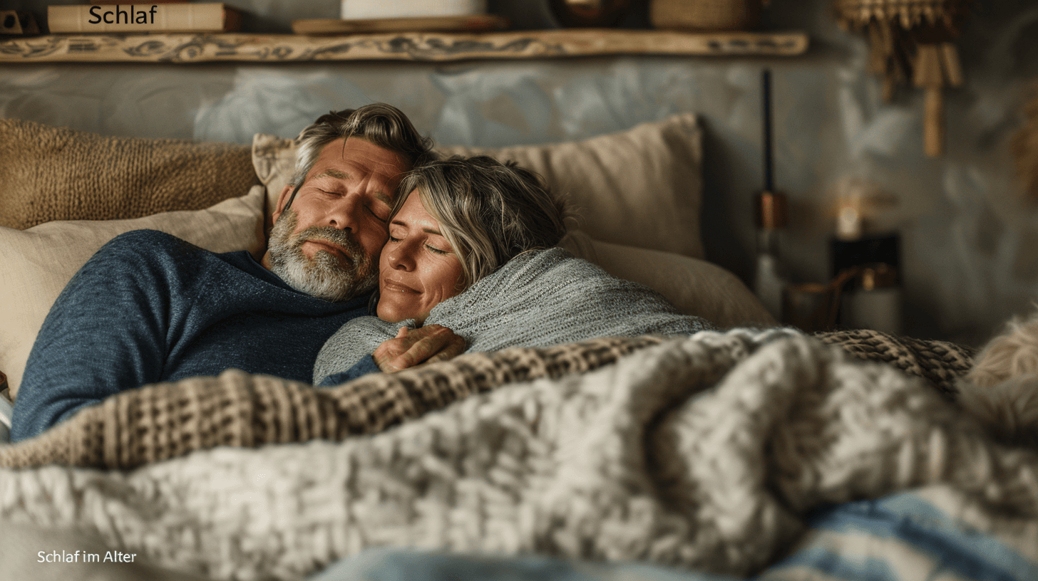 Älteres Paar schläft in einem gemütlichen Bett mit warmem Licht