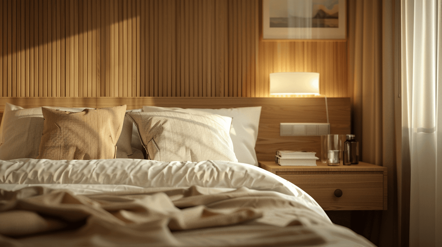 Gemütliches Schlafzimmer mit warmem Licht und aufgeräumtem Nachttisch
