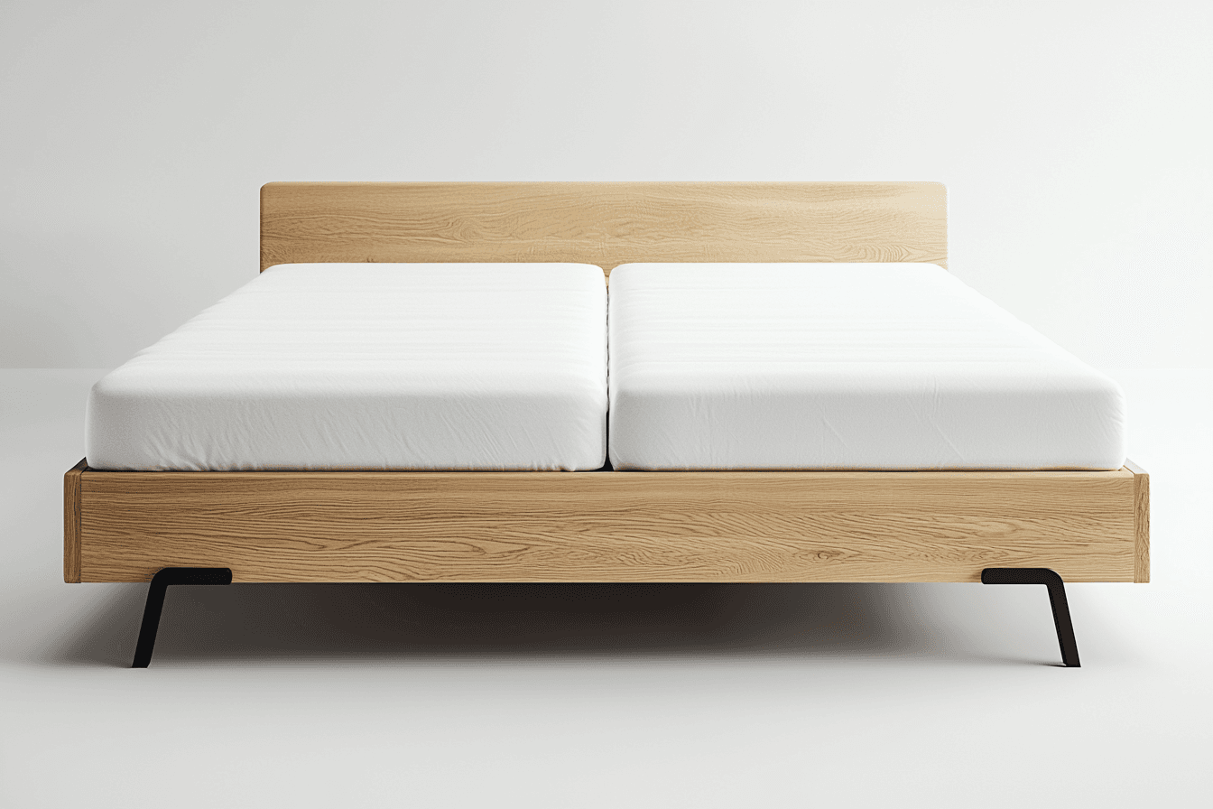 Massivholzbett aus Eiche mit zwei Matratzen – Frontansicht