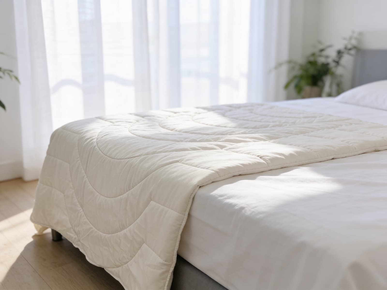 Helles, luftiges Schlafzimmer mit leichter Sommerdecke auf dem Bett