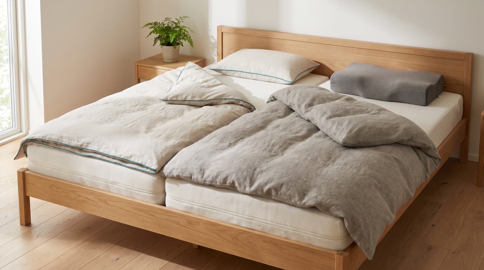 Ein Bett mit zwei Matratzen, zwei verschiedenen Decken und Kissen
